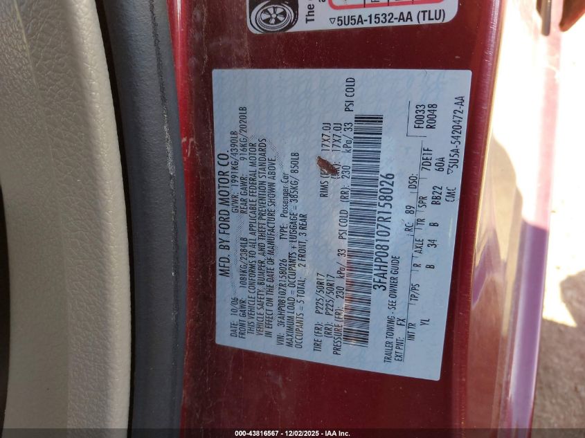 2007 Ford Fusion Sel VIN: 3FAHP08107R158026 Lot: 43816567