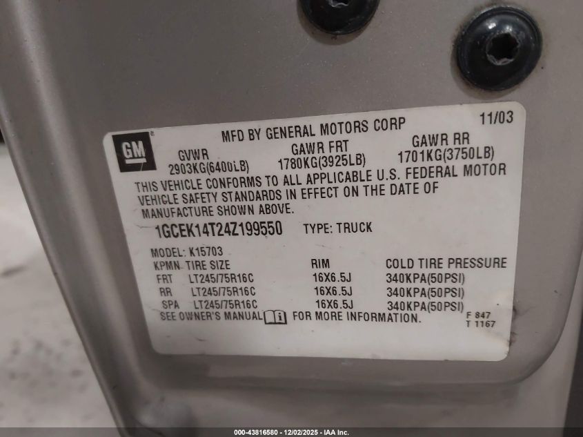 2004 Chevrolet Silverado 1500 VIN: 1GCEK14T24Z199550 Lot: 43816580
