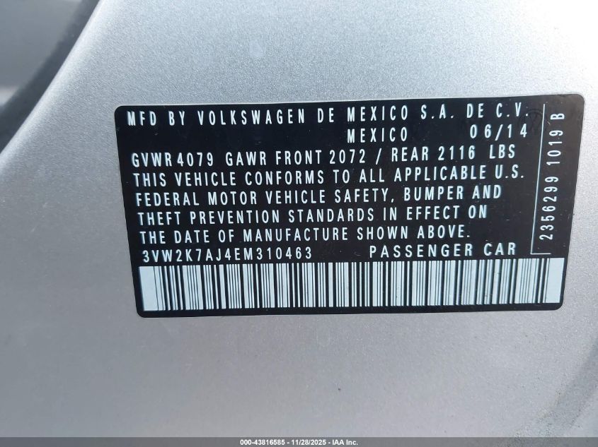2014 Volkswagen Jetta 2.0L S VIN: 3VW2K7AJ4EM310463 Lot: 43816585