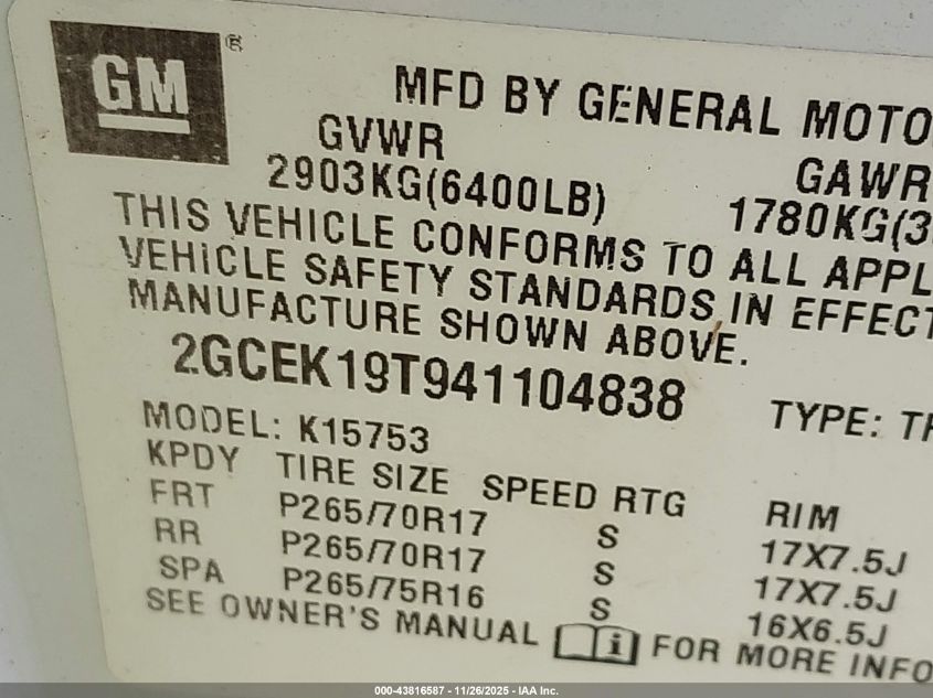 2004 Chevrolet Silverado 1500 Z71 VIN: 2GCEK19T941104838 Lot: 43816587