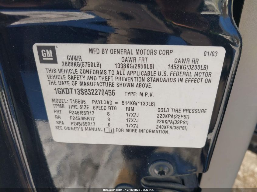 2003 GMC Envoy Sle VIN: 1GKDT13S832270456 Lot: 43816601