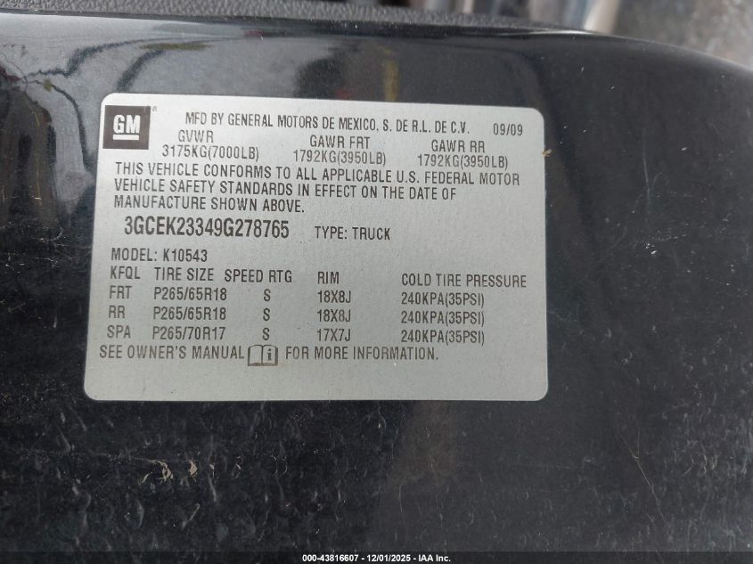 2009 Chevrolet Silverado 1500 Lt VIN: 3GCEK23349G278765 Lot: 43816607