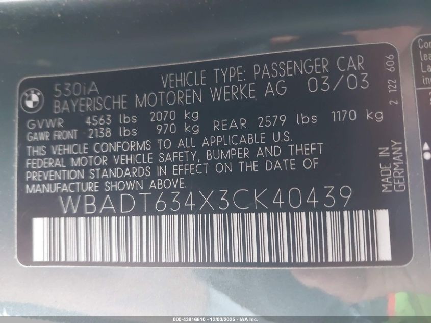 2003 BMW 530Ia VIN: WBADT634X3CK40439 Lot: 43816610