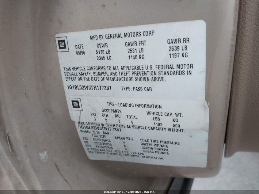 1996 Chevrolet Caprice Classic VIN: 1G1BL52W0TR177381 Lot: 43816613