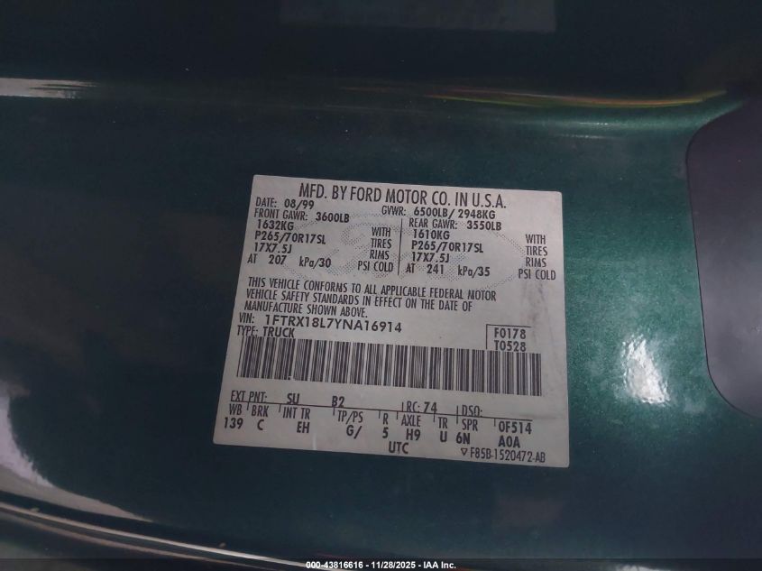 2000 Ford F-150 Lariat/Work Series/Xl/Xlt VIN: 1FTRX18L7YNA16914 Lot: 43816616