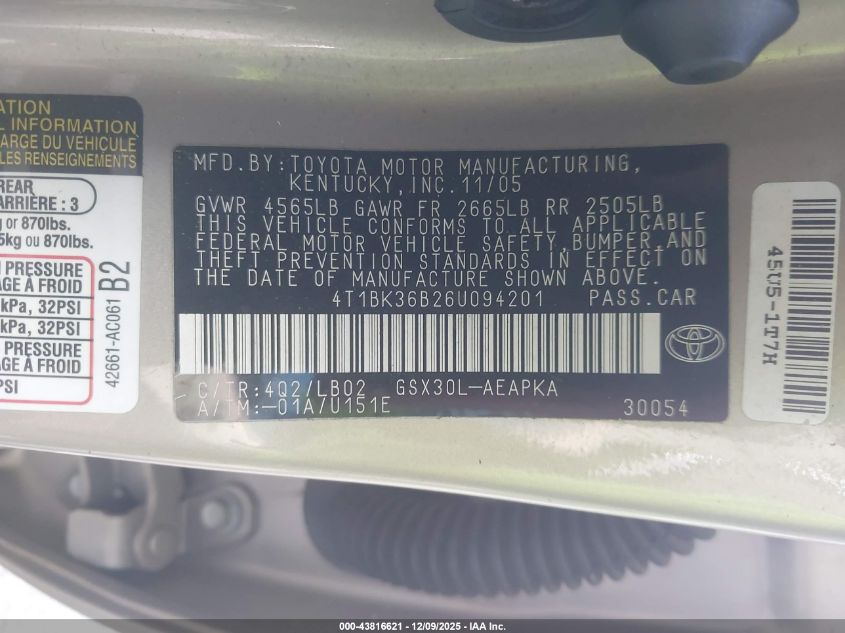 2006 Toyota Avalon Limited VIN: 4T1BK36B26U094201 Lot: 43816621