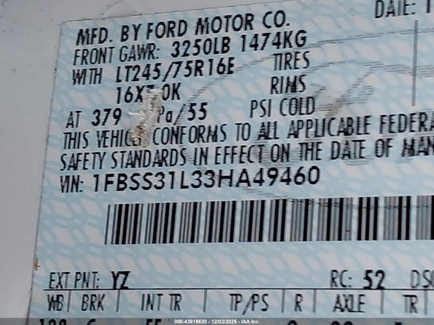 2003 Ford E-350 Super Duty Xl/Xlt VIN: 1FBSS31L33HA49460 Lot: 43816630