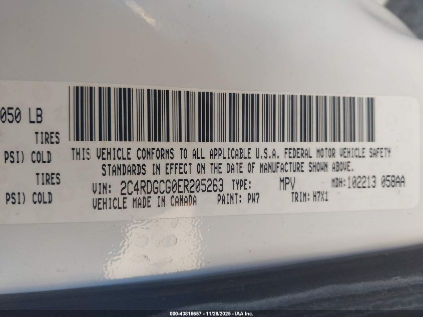 2014 Dodge Grand Caravan Sxt VIN: 2C4RDGCG0ER205263 Lot: 43816657