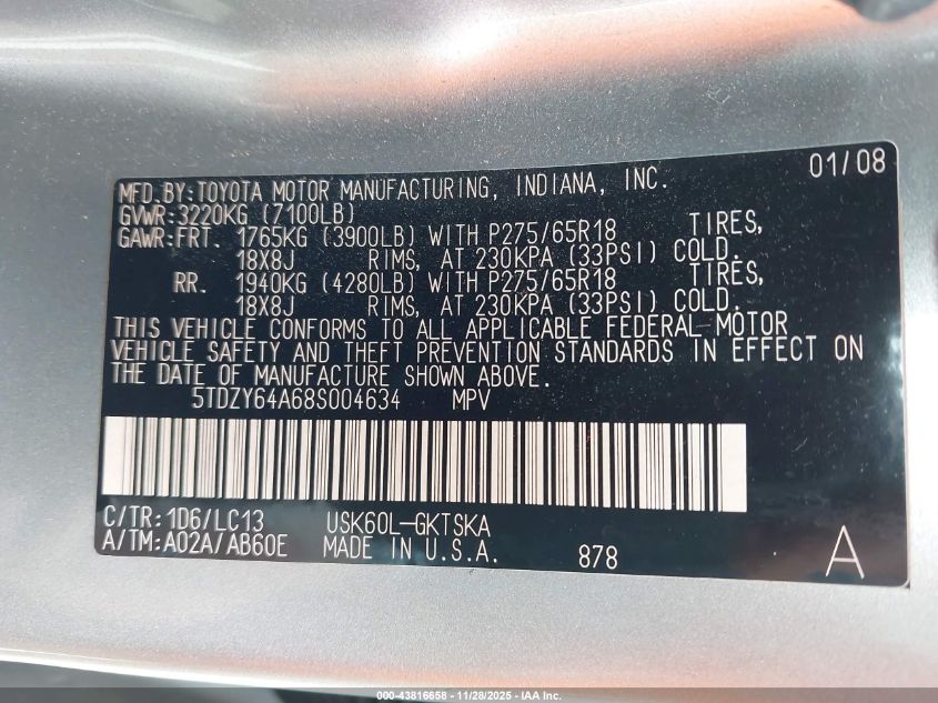 2008 Toyota Sequoia Sr5 5.7L V8 VIN: 5TDZY64A68S004634 Lot: 43816658