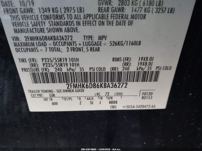 2019 Ford Flex Limited VIN: 2FMHK6D86KBA36272 Lot: 43816660