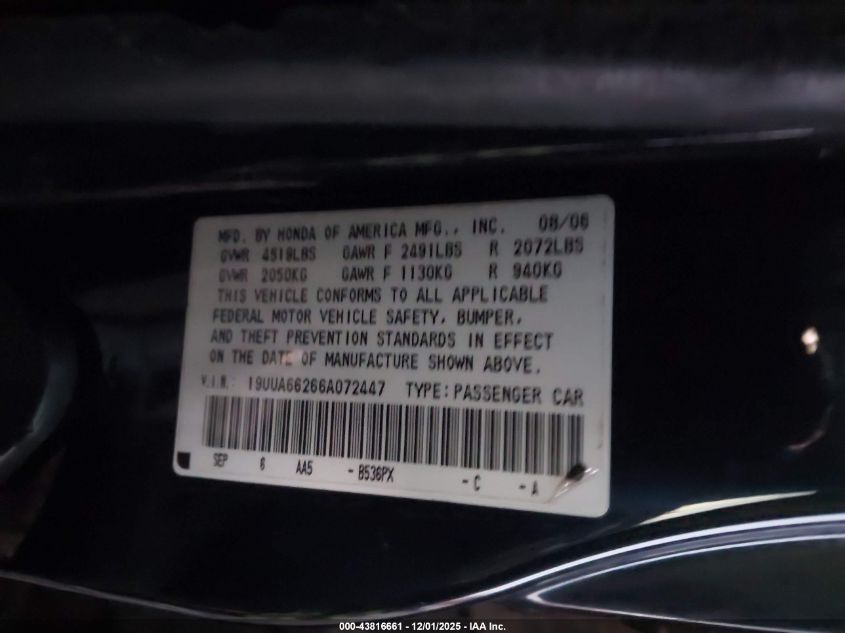 2006 Acura Tl VIN: 19UUA66266A072447 Lot: 43816661