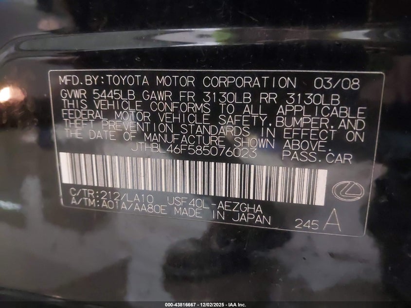 JTHBL46F585076023 2008 LEXUS LS photo no. 9
