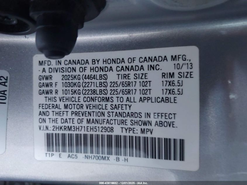 2014 Honda Cr-V Ex-L VIN: 2HKRM3H71EH512908 Lot: 43816682