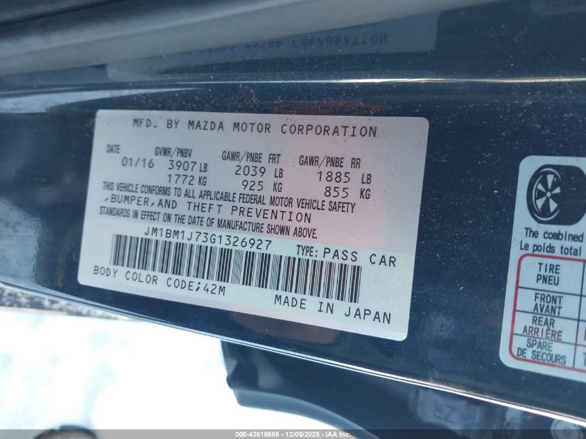 2016 Mazda Mazda3 I Sport VIN: JM1BM1J73G1326927 Lot: 43816686