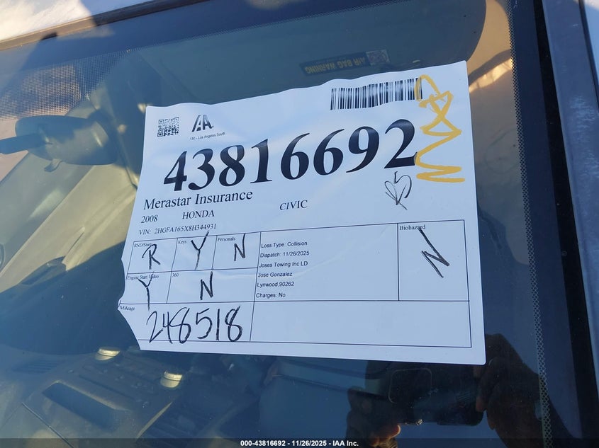 2008 Honda Civic Lx VIN: 2HGFA165X8H344931 Lot: 43816692
