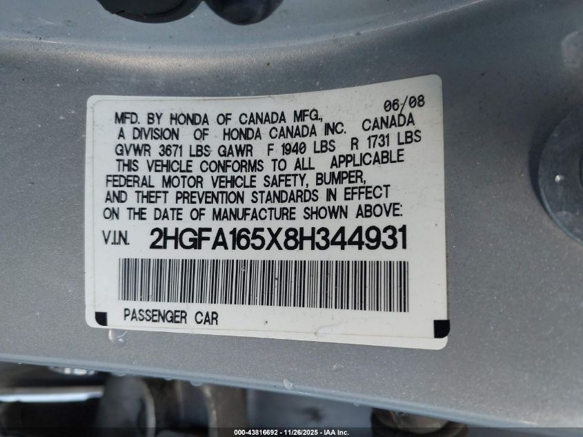 2008 Honda Civic Lx VIN: 2HGFA165X8H344931 Lot: 43816692