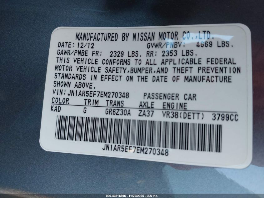 2014 Nissan Gt-R Premium VIN: JN1AR5EF7EM270348 Lot: 43816696