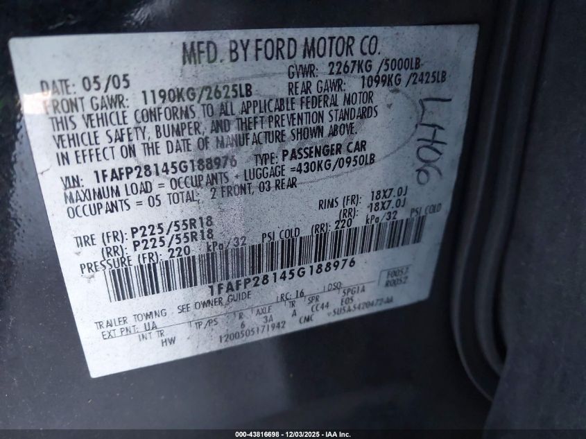 2005 Ford Five Hundred Limited VIN: 1FAFP28145G188976 Lot: 43816698