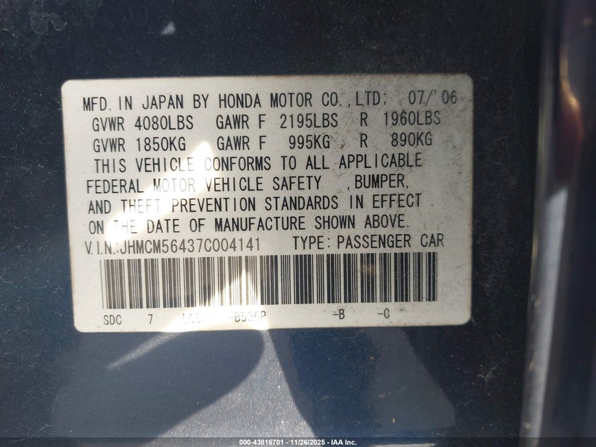 2007 Honda Accord 2.4 Lx VIN: JHMCM56437C004141 Lot: 43816701