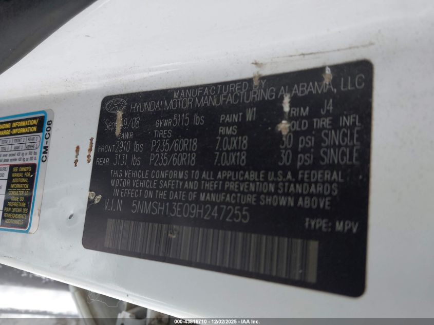 2009 Hyundai Santa Fe Se VIN: 5NMSH13E09H247255 Lot: 43816710