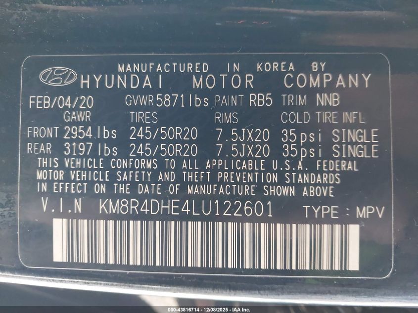 2020 Hyundai Palisade Sel VIN: KM8R4DHE4LU122601 Lot: 43816714