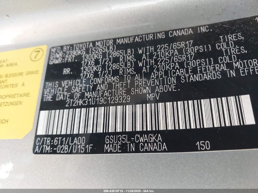 2009 Lexus Rx 350 VIN: 2T2HK31U19C129329 Lot: 43816718