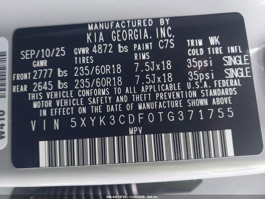 2026 Kia Sportage Ex VIN: 5XYK3CDF0TG371755 Lot: 43816725