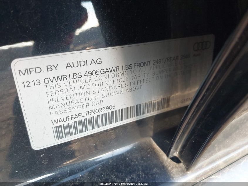 2014 Audi A4 2.0T Premium VIN: WAUFFAFL7EN025906 Lot: 43816728