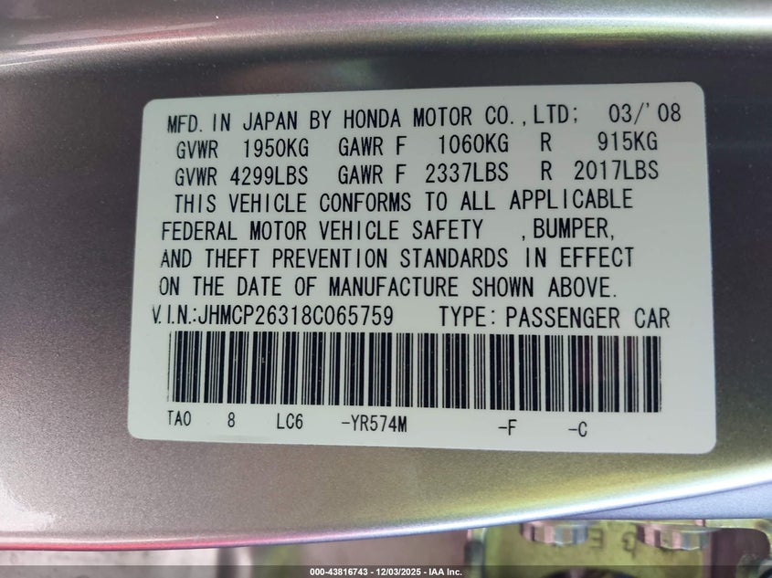 JHMCP26318C065759 2008 HONDA ACCORD photo no. 9