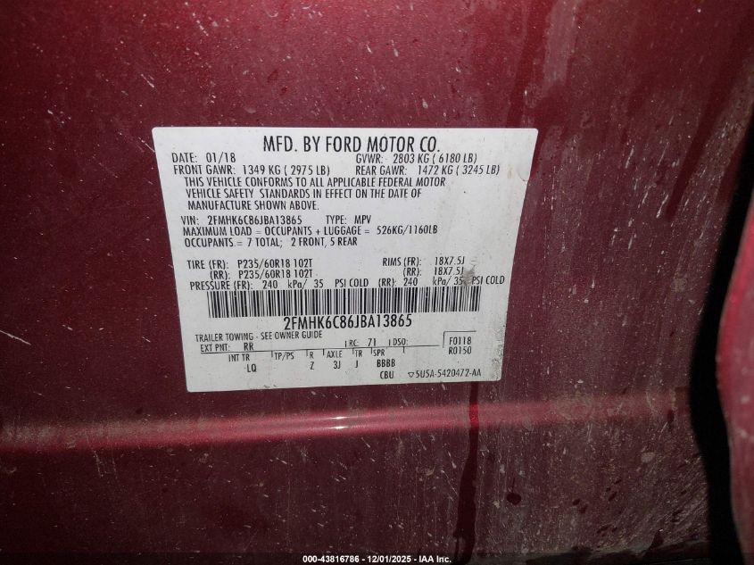 2018 Ford Flex Sel VIN: 2FMHK6C86JBA13865 Lot: 43816786
