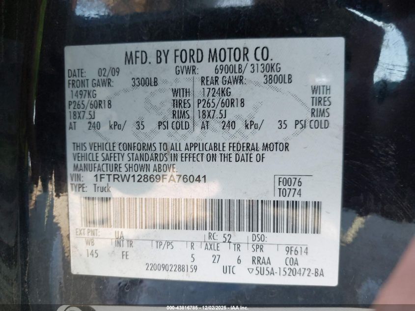 2009 Ford F-150 Xlt VIN: 1FTRW12869FA76041 Lot: 43816785