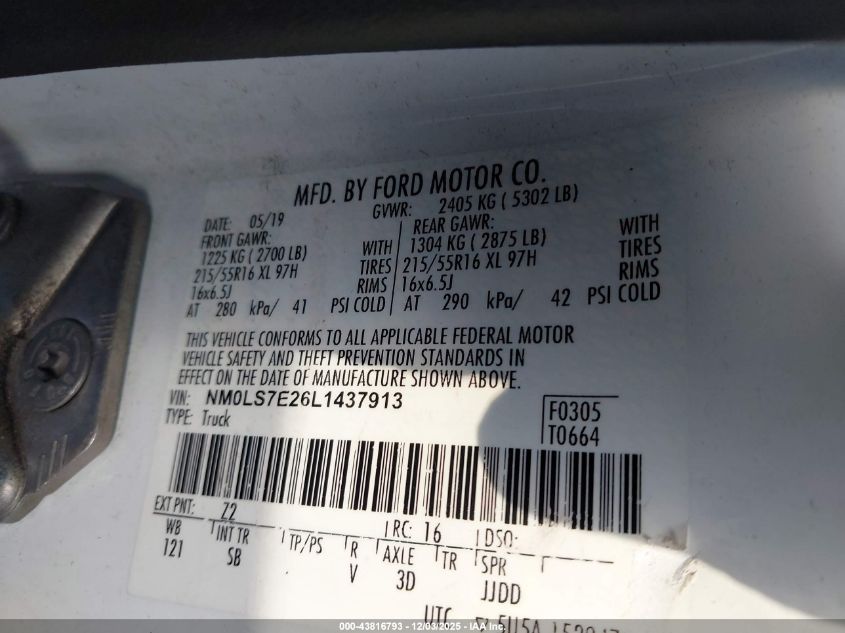 2020 Ford Transit Connect Xl VIN: NM0LS7E26L1437913 Lot: 43816793