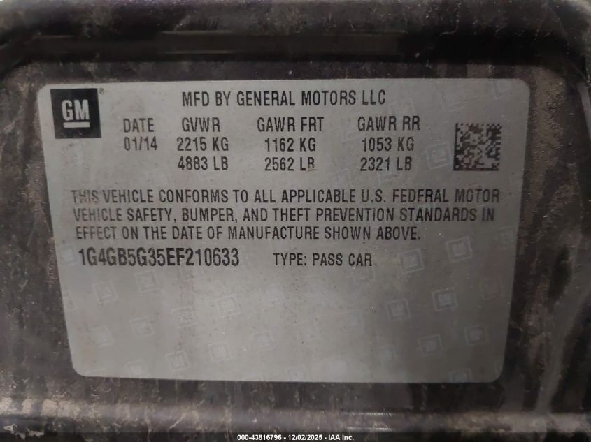 2014 Buick Lacrosse VIN: 1G4GA5GR4EF162775 Lot: 43816796