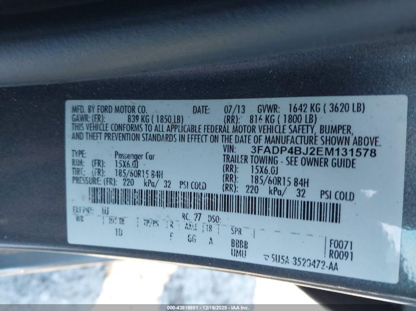 2014 Ford Fiesta Se VIN: 3FADP4BJ2EM131578 Lot: 43816801