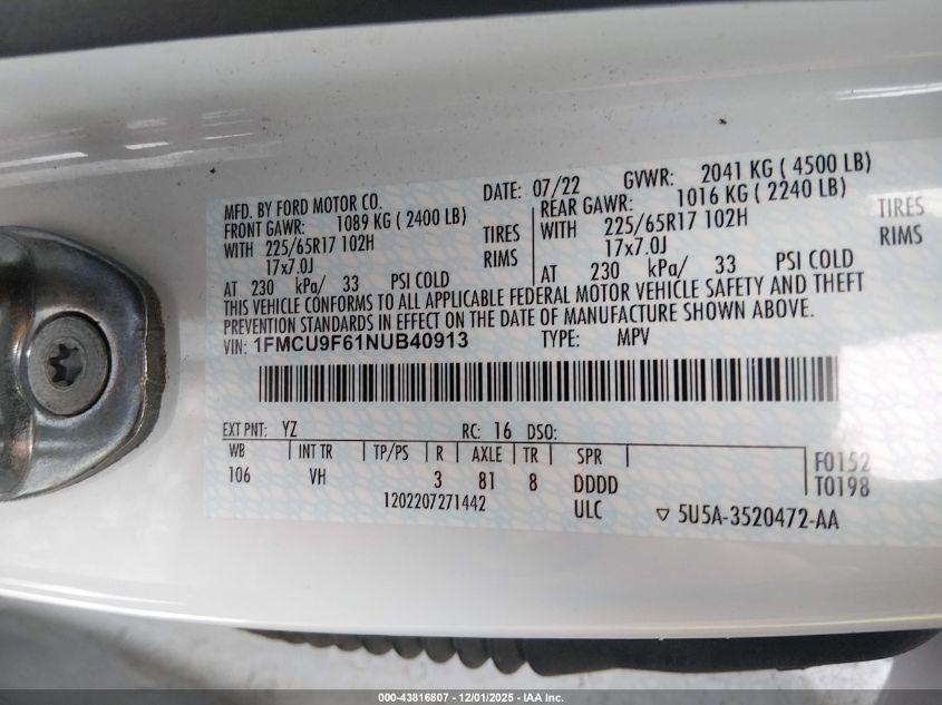 2022 Ford Escape S VIN: 1FMCU9F61NUB40913 Lot: 43816807