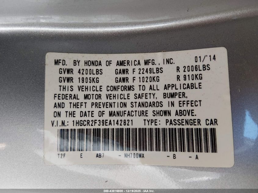 2014 Honda Accord Lx VIN: 1HGCR2F39EA142821 Lot: 43816808