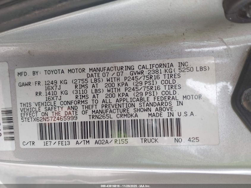 2007 Toyota Tacoma Prerunner VIN: 5TETX62N57Z465999 Lot: 43816816