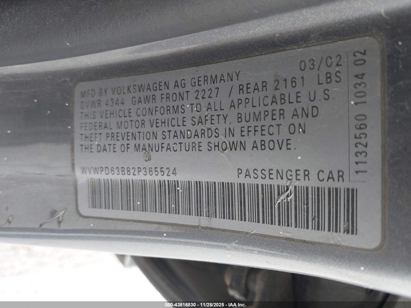 2002 Volkswagen Passat Gls VIN: WVWPD63B82P365524 Lot: 43816830