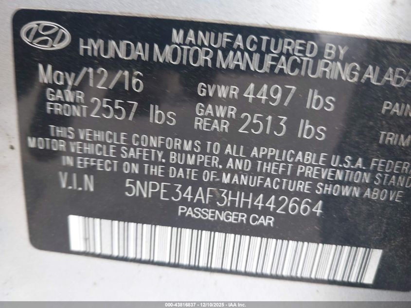 2017 Hyundai Sonata Sport VIN: 5NPE34AF3HH442664 Lot: 43816837