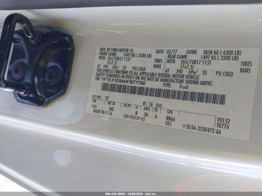 2017 Ford F-150 Xl VIN: 1FTEX1E84HFB77780 Lot: 43816850