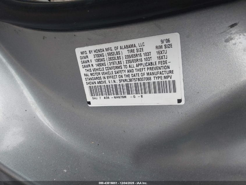 2007 Honda Odyssey Ex-L VIN: 5FNRL38757B007068 Lot: 43816851