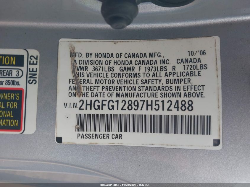 2007 Honda Civic Ex VIN: 2HGFG12897H512488 Lot: 43816855