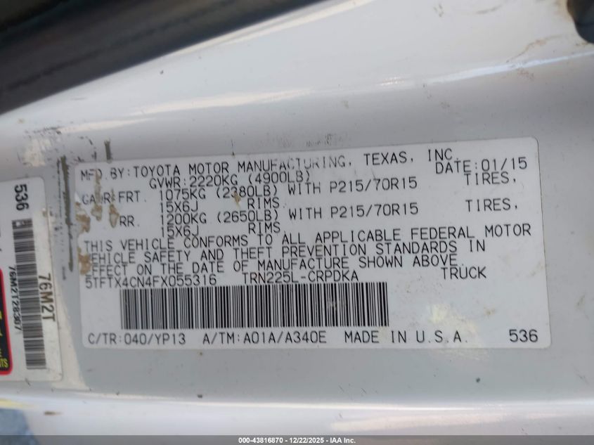 2015 Toyota Tacoma VIN: 5TFTX4CN4FX055316 Lot: 43816870