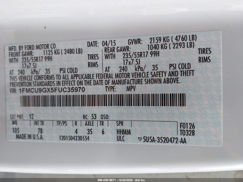 2015 Ford Escape Se VIN: 1FMCU9GX5FUC35970 Lot: 43816871