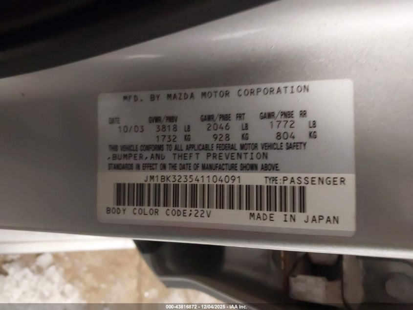 2004 Mazda Mazda3 S VIN: JM1BK323541104091 Lot: 43816872