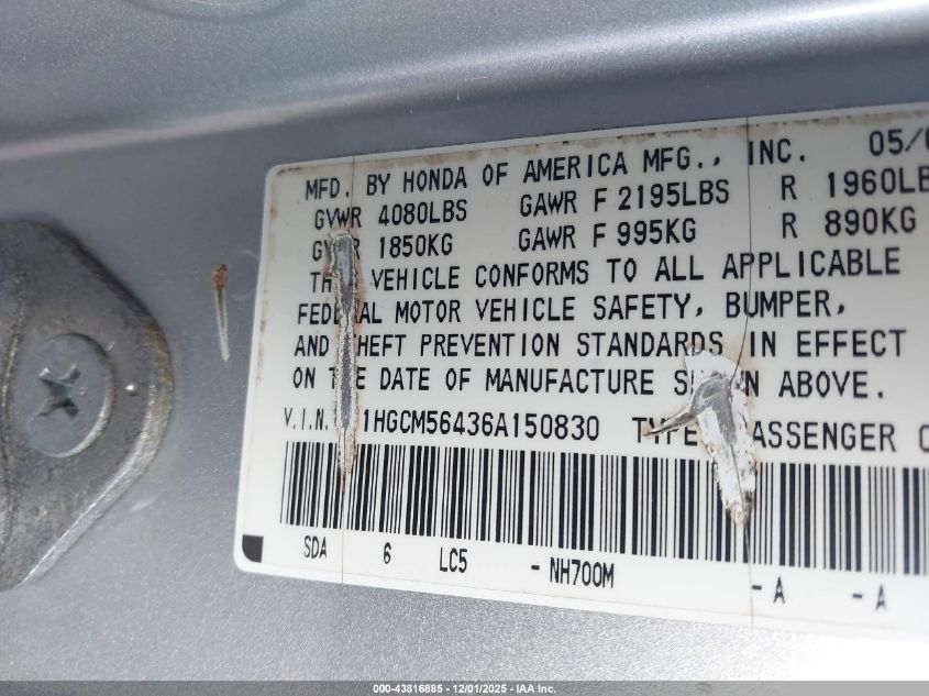 2006 Honda Accord 2.4 Lx VIN: 1HGCM56436A150830 Lot: 43816885