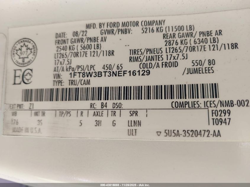 2022 Ford F-350 Xlt VIN: 1FT8W3BT3NEF16129 Lot: 43816888