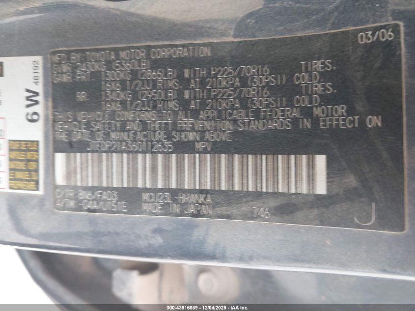 2006 Toyota Highlander V6 VIN: JTEDP21A360112635 Lot: 43816889