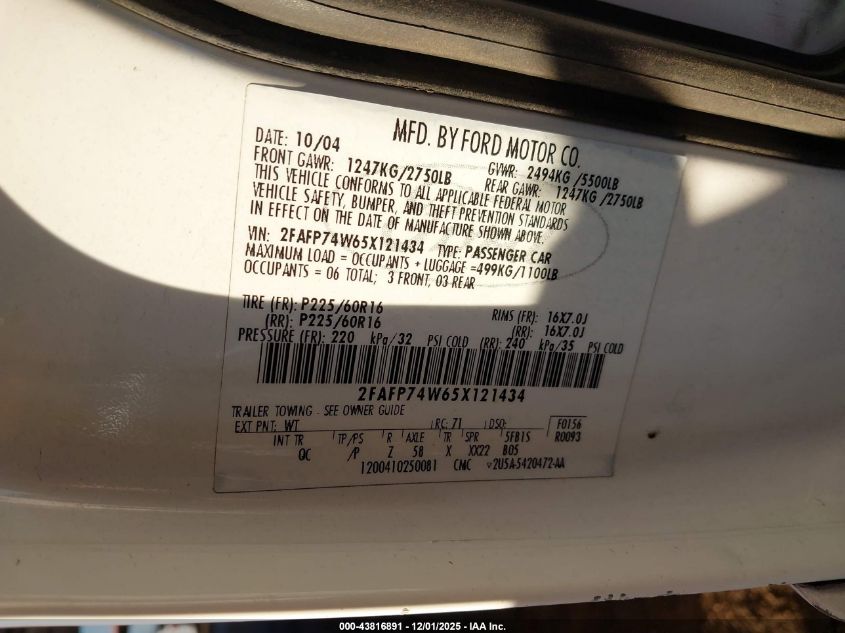2005 Ford Crown Victoria Lx/Lx Sport VIN: 2FAFP74W65X121434 Lot: 43816891