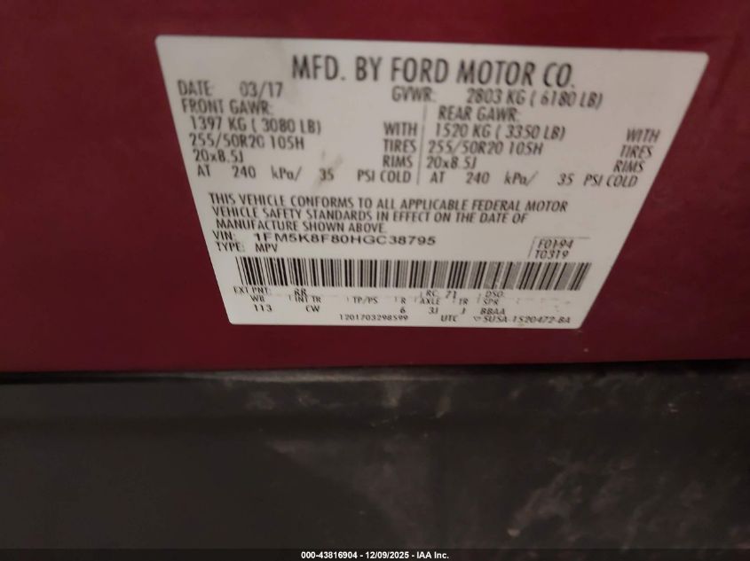 2017 Ford Explorer Limited VIN: 1FM5K8F80HGC38795 Lot: 43816904